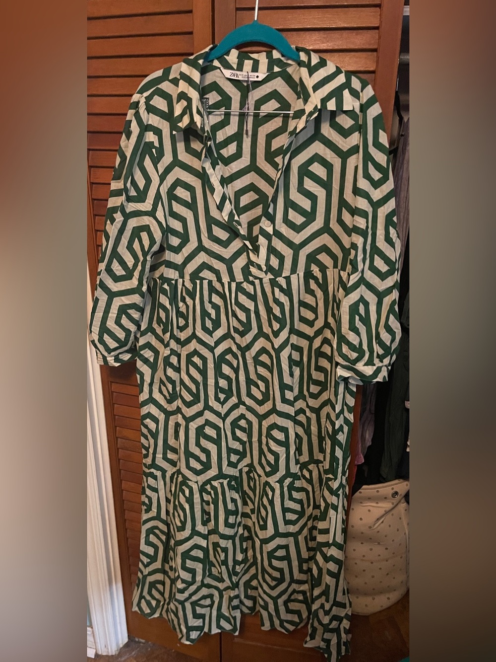 Zara Green and White Geometric Midi Dress
